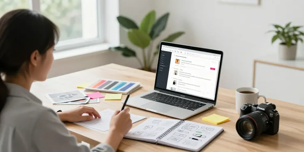 Generate product descriptions with AI in a modern e-commerce workspace with a content creator at a laptop.