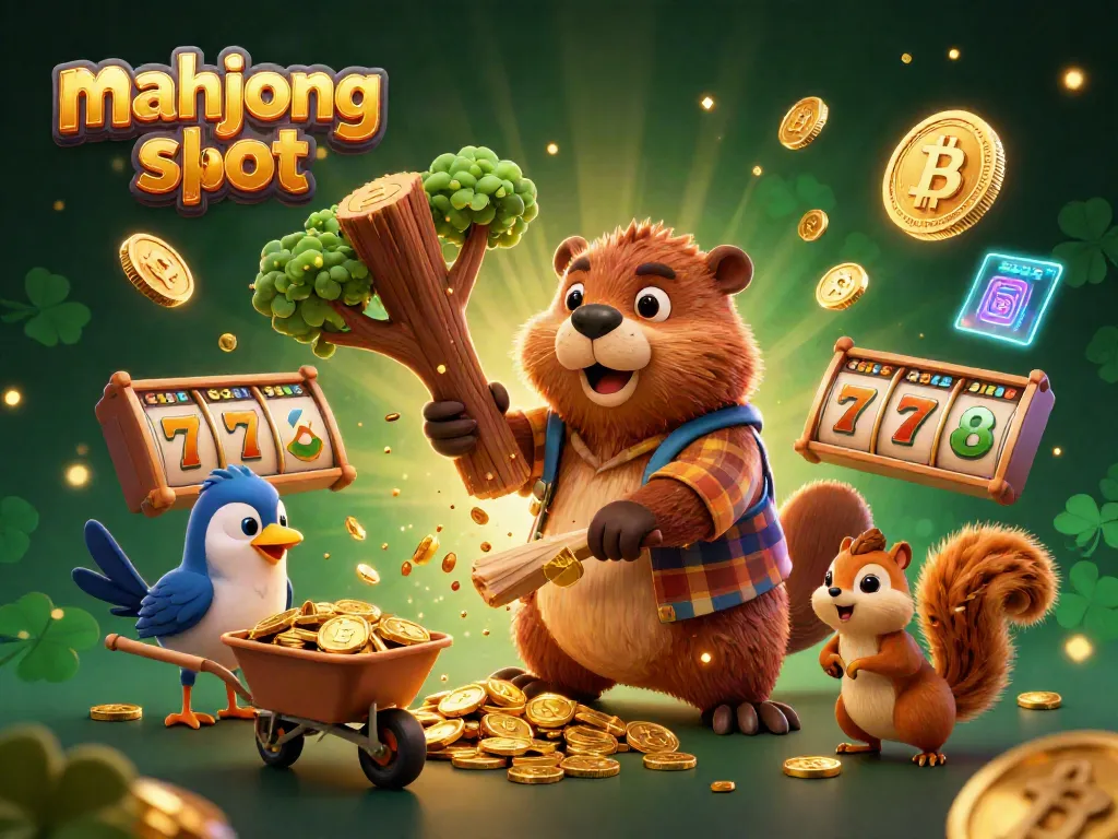 Spin the reels in this vibrant mahjong slot illustration featuring a beaver, bird, and squirrel collecting golden coins amidst jackpot excitement.