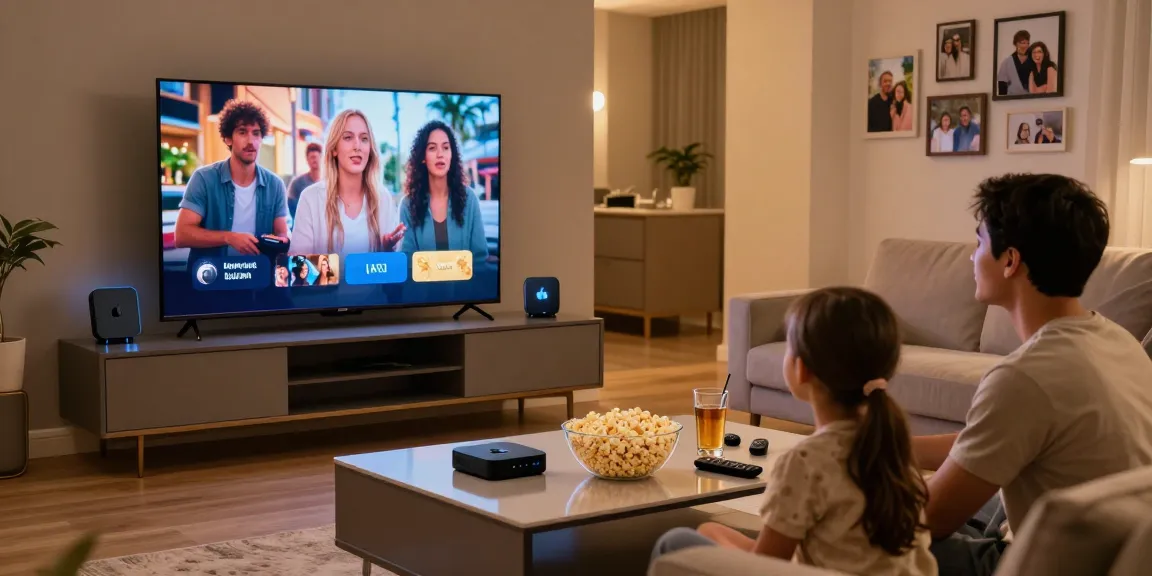 Expérience IPTV de qualité dans un salon moderne avec famille devant une télévision.