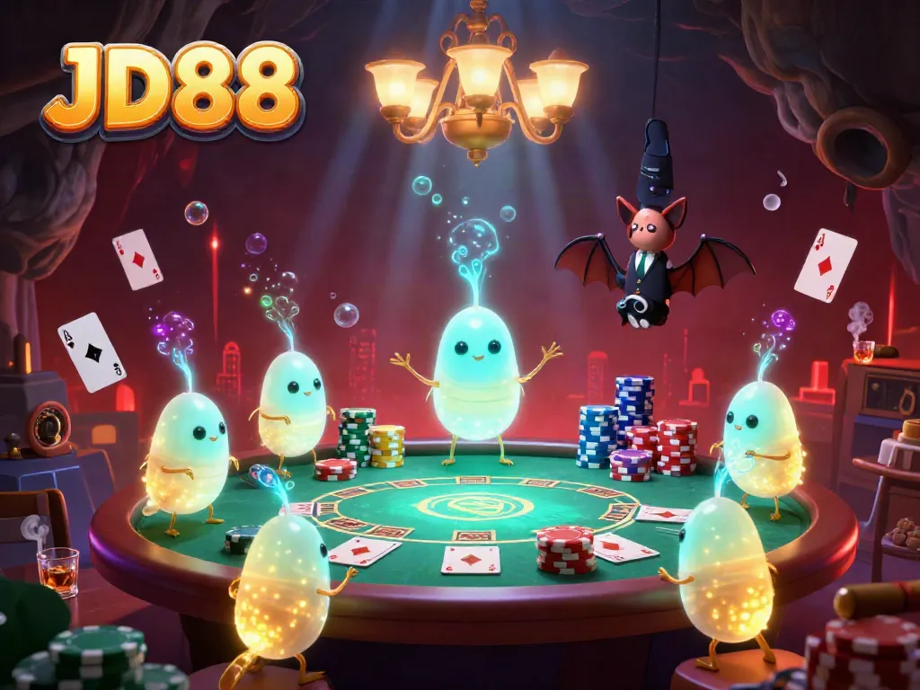 Experience JD88 with glowworms illuminating a vibrant cave casino packed with poker elements and dynamic colors.