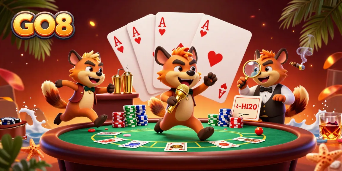 GO8 hyenas perform comedy in a lively casino scene with poker elements.
