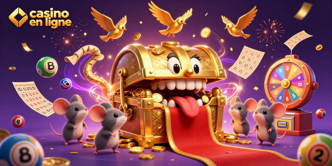 Gagnez au casino en ligne avec une illustration captivante de jeux de loterie et de trésors.