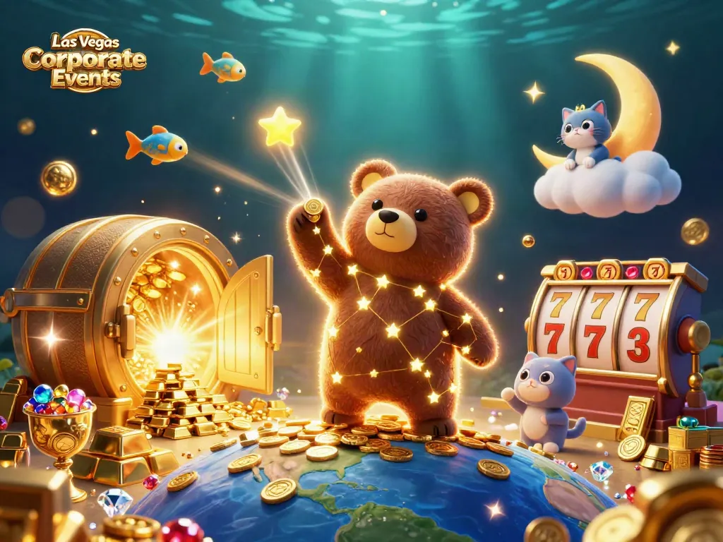 Engage with Las Vegas Corporate Events as the constellation bear gathers coins amidst slot reels and festive gems.