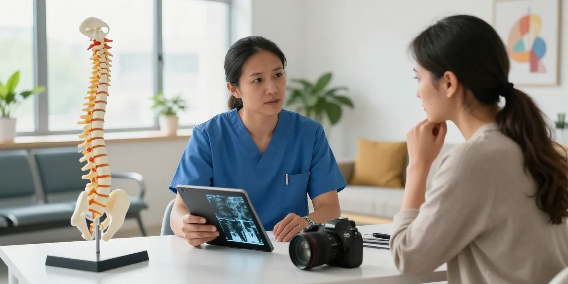 Patient discussing Bel kayması ameliyatı options with a surgeon in a bright clinic, emphasizing care and professionalism.