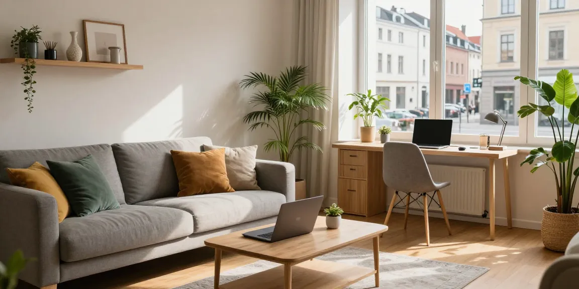 Gemütliche Monteurwohnung Hannover mit modernem Wohnzimmer und Arbeitsbereich für Geschäftsreisende.