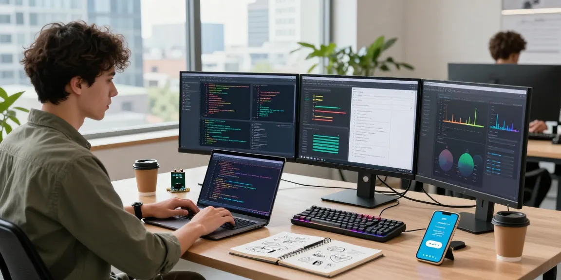 Professional workspace with vibrant coding screens, highlighting telegramin-cn.com usage in a modern tech environment.