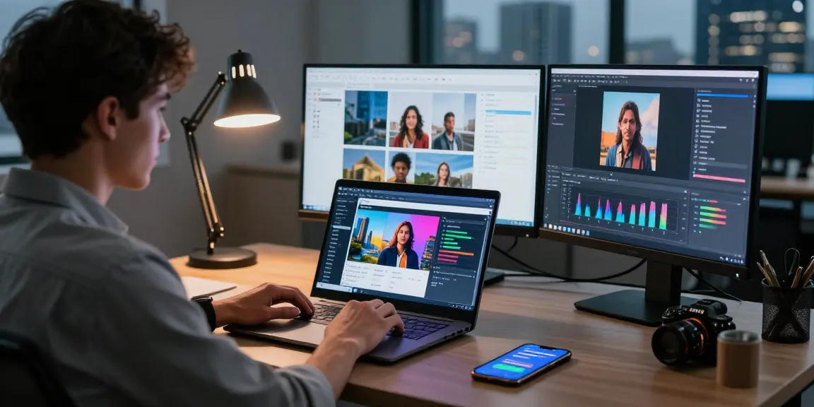 Tech professional using an ai image checker tool analyzing digital images in a modern workspace.