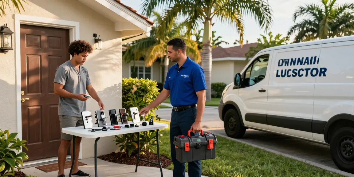 Locksmith Fort Lauderdale FL providing fast service to a homeowner in distress at their front door.