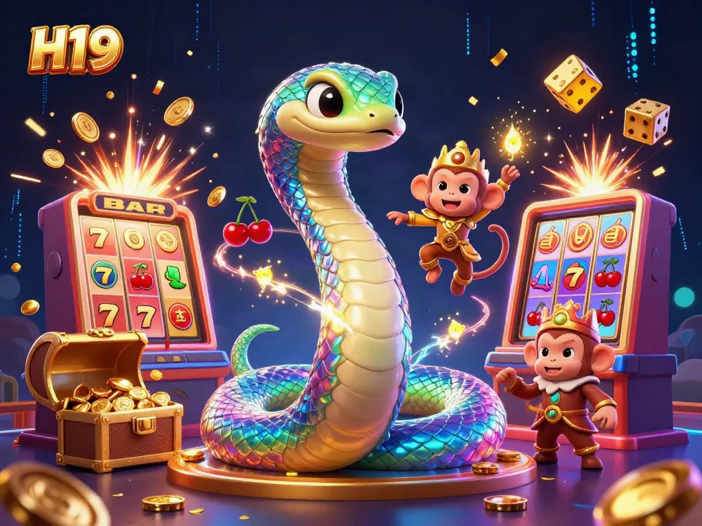 Engage with H19 as a colorful serpentine character surrounded by casino elements and vibrant magic.