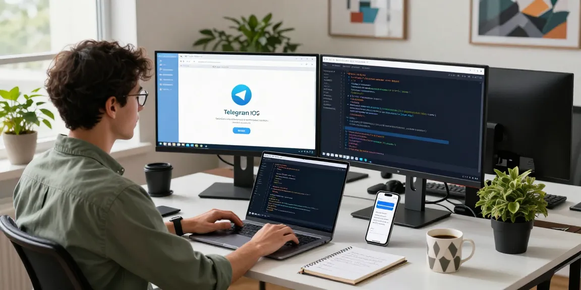 Developer using telegram ios china on dual monitors in a modern office.