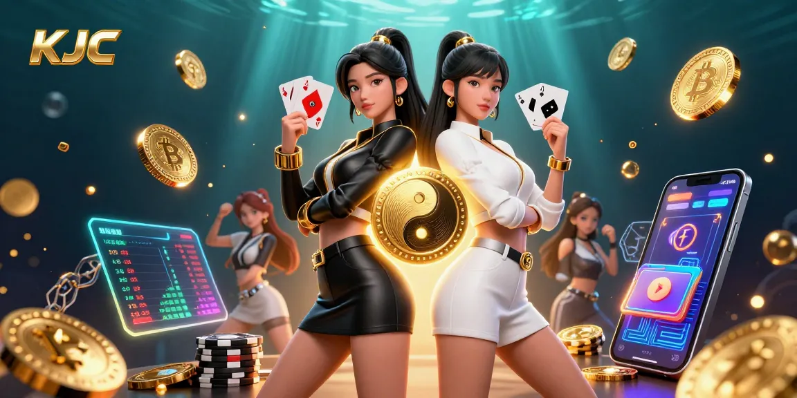 KJC showcases a dynamic illustration with twin Asian women in casino outfits, symbolizing winning strategies.
