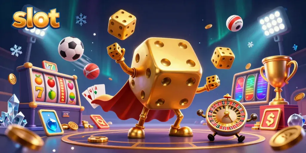 Menyusun slot kemenangan dengan golem dadu emas dan simbol jackpot dalam ilustrasi 3D.