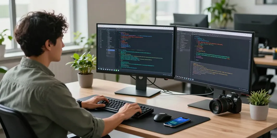 Developer using 纸飞机中文版 application in modern office workspace with multiple monitors and natural lighting.
