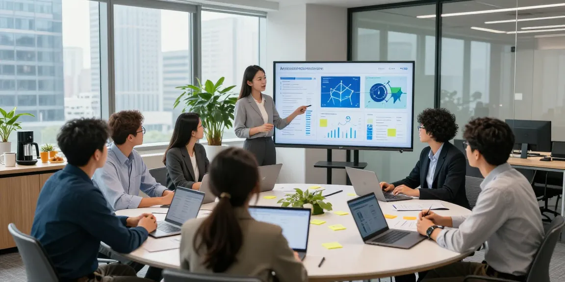 Team discussing What type of artificial intelligence is used in business in a modern office setting with data visuals.
