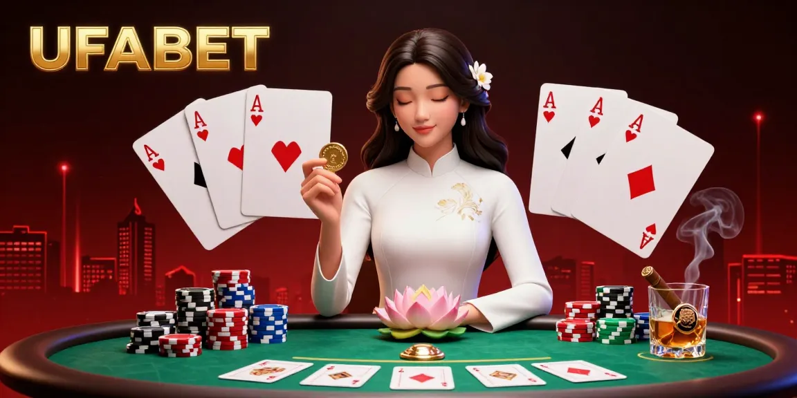 Place your bets with UFABET amidst vibrant casino elements, featuring a graceful Asian woman and dynamic poker scene.