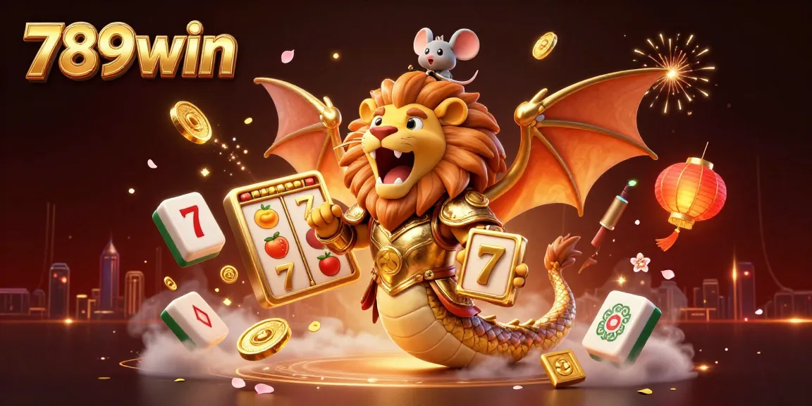 Experience the thrill of 789win with a dynamic illustration featuring golden chimera and exciting game elements.