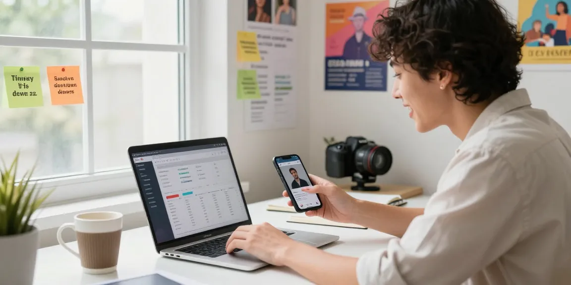 Engaged influencer analyzing TikTok analytics to purchase TikTok videos views in a bright home office.
