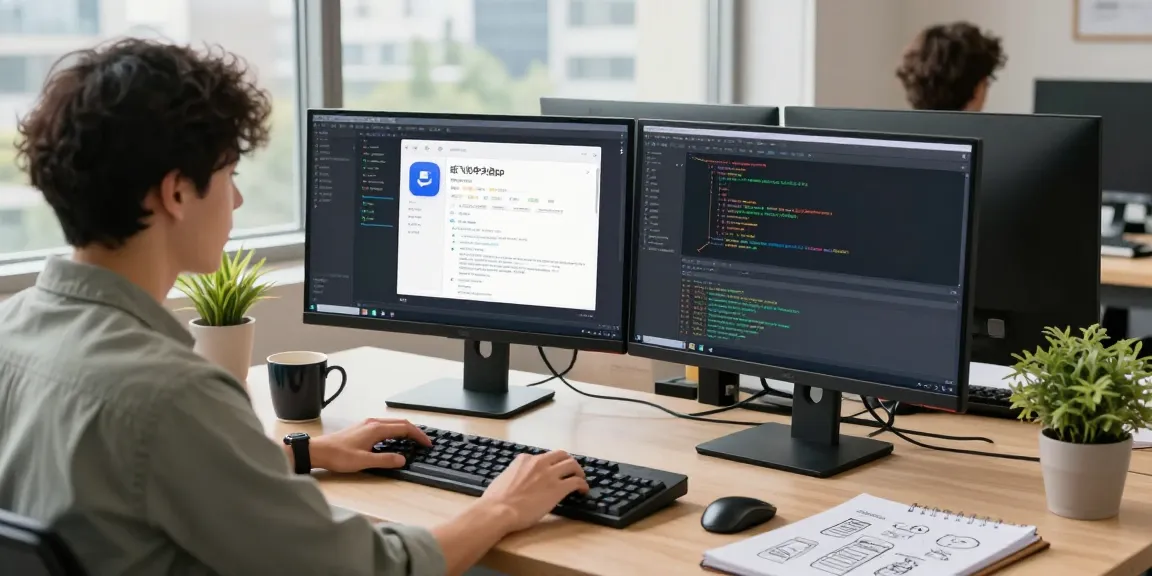 Young professional coding on 纸飞机中文版 app in a modern workspace