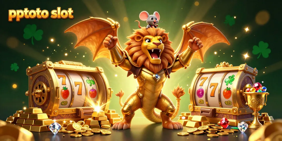 Experience thrilling gameplay at pptoto slot with a vibrant chimera and treasures in a captivating casino scene.