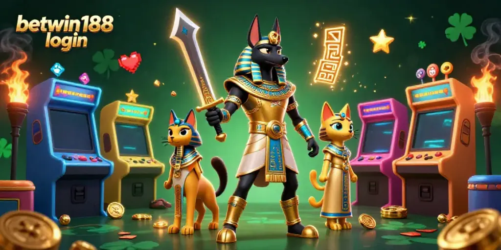 Masuk ke betwin188 login dan nikmati akses mudah dengan karakter Anubis dan Bastet dalam latar kasino digital.