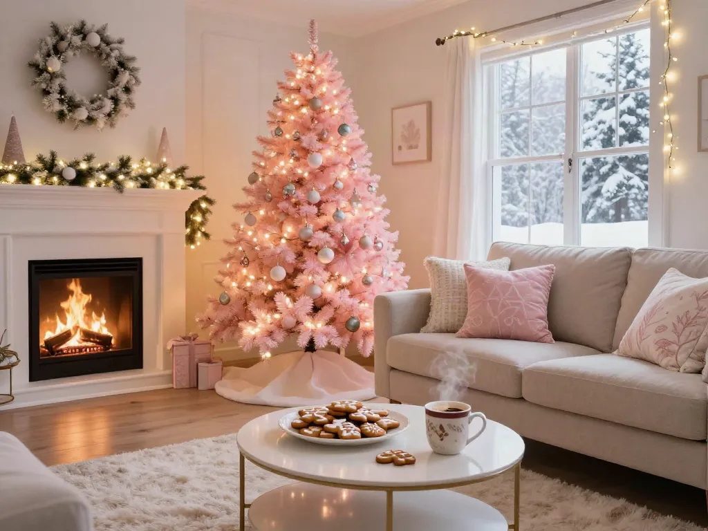 Beautiful pink Christmas tree glowing with lights and ornaments in a cozy living room.