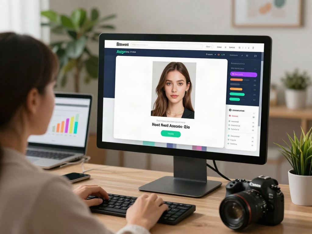 Test attractiveness with AI: user uploading photo in an engaging home office.