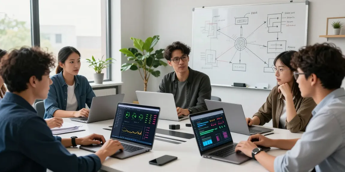 Team discussing 快连 network solutions in a modern tech workspace.