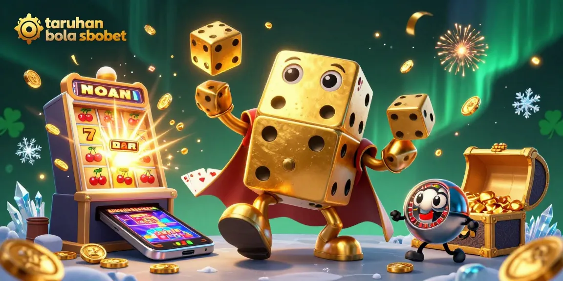 Engage in taruhan bola sbobet with our exciting 3D sports betting scene featuring golden dice and vibrant casino elements.