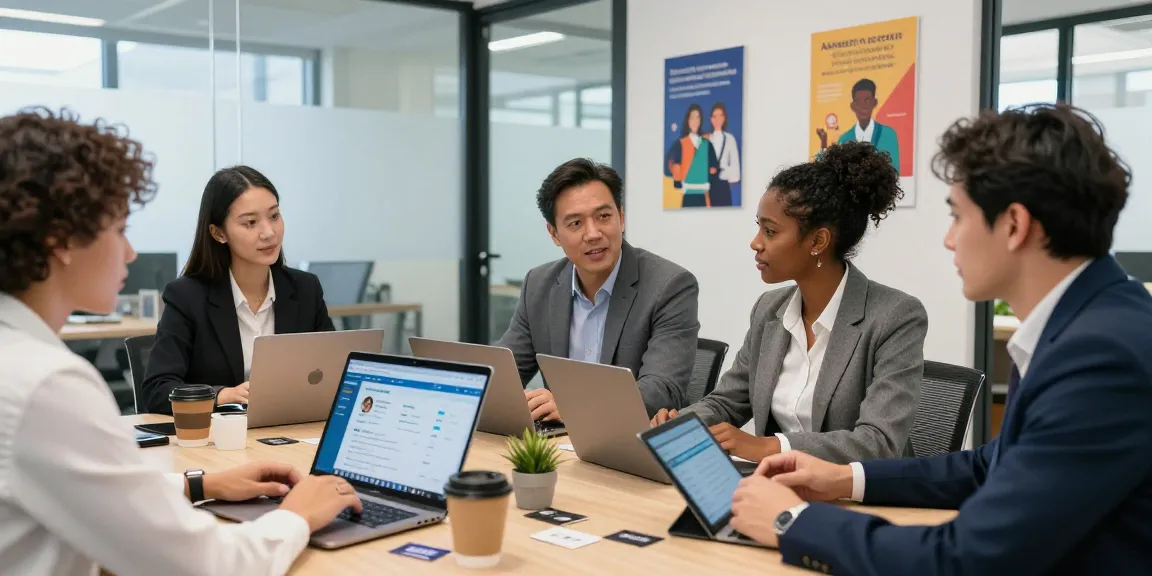 Networking professionals analyzing linkedin followers growth in modern office