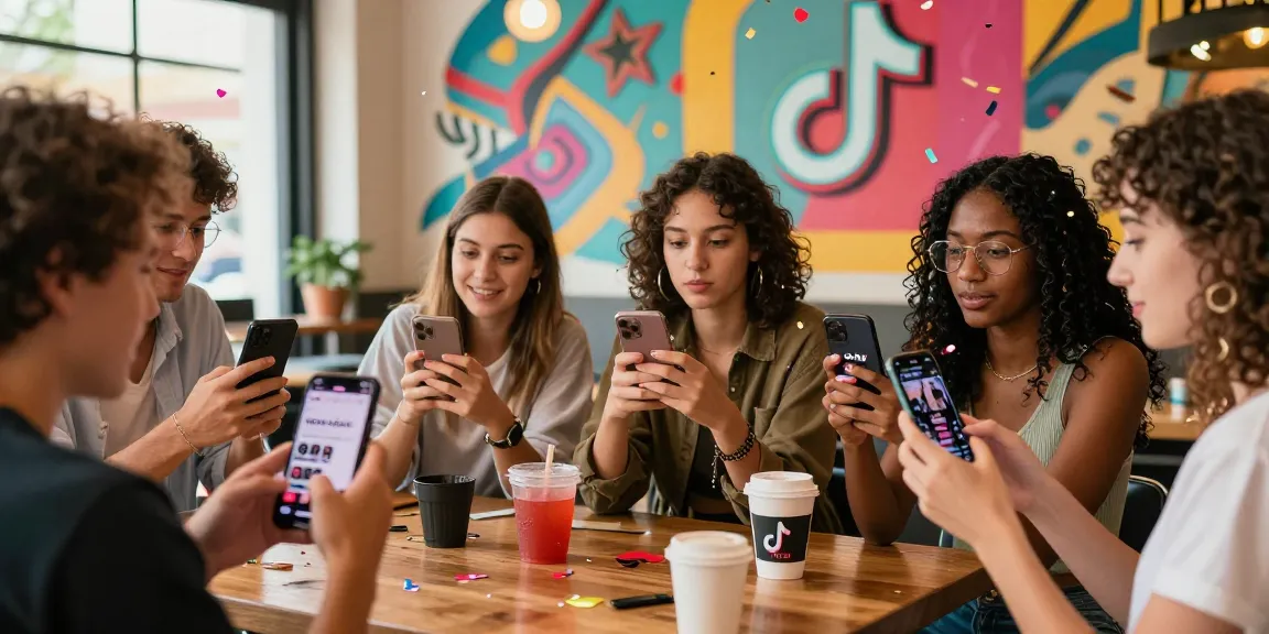 Engaging group of creators discussing strategies for getting more TikTok followers in a vibrant café.