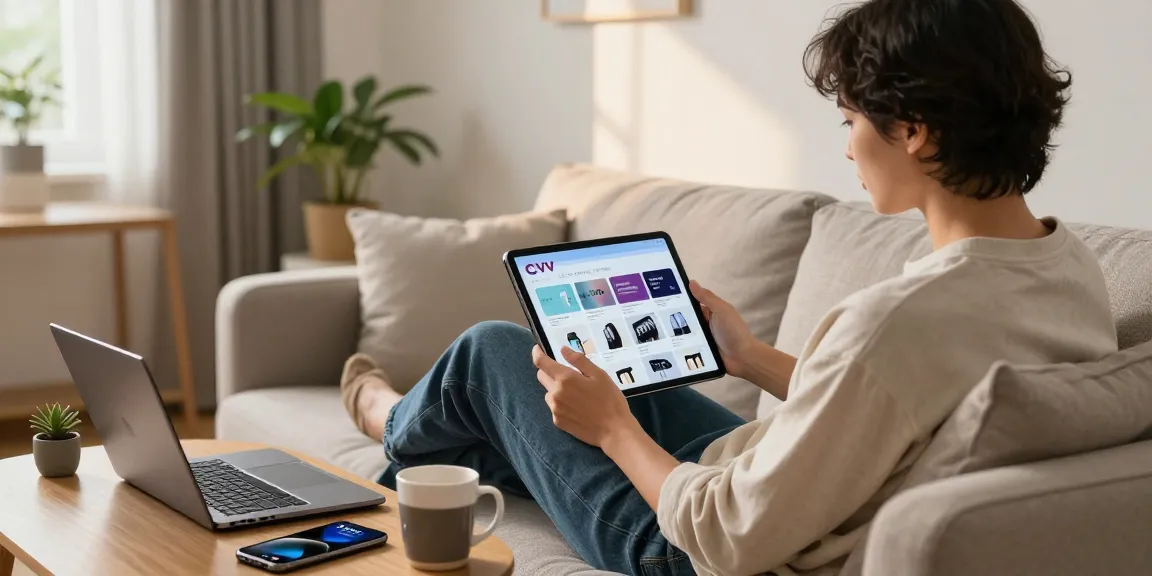 Browsing the cvv store on a tablet in a cozy living room setting