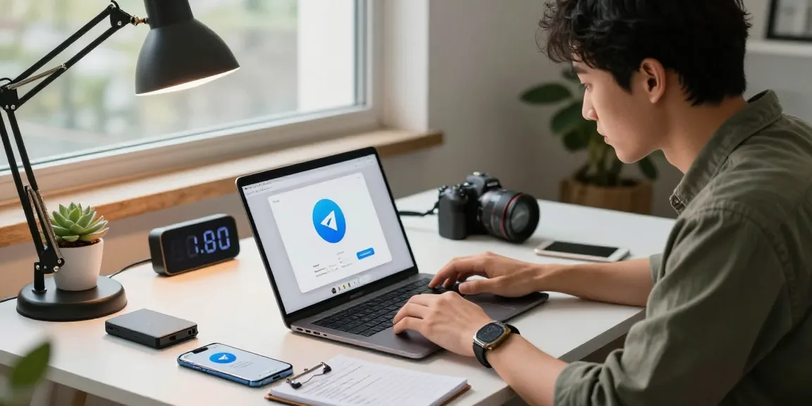 Installing Telegram China app on a laptop in a modern workspace.