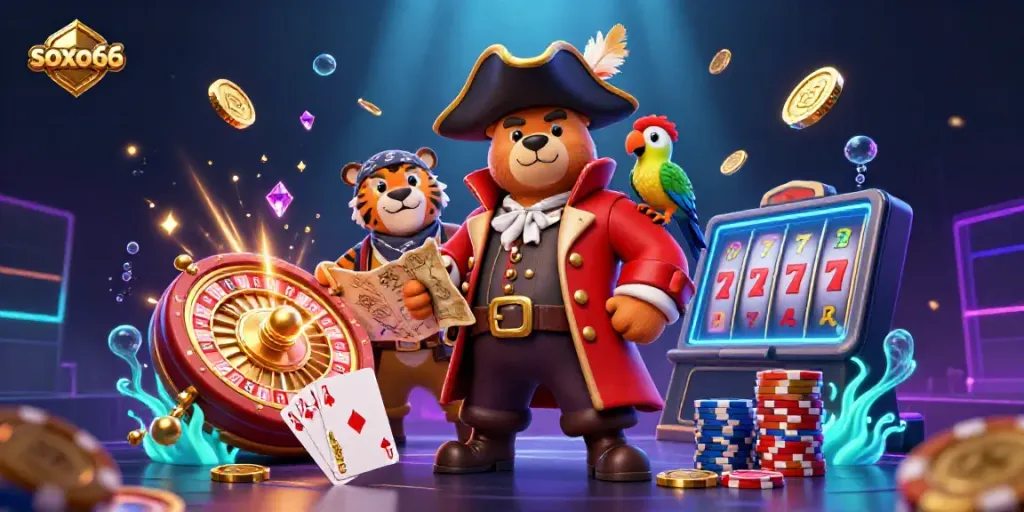 Soxo66 presents a dynamic 3D illustration with a pirate captain bear, highlighting casino excitement and vibrant treasures.