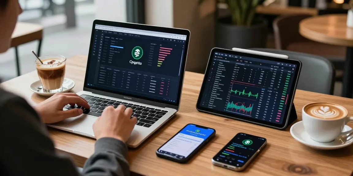 Funexchange user engaged in crypto trading with laptop and tablet in modern coffee shop setting, emphasizing technology and innovation.