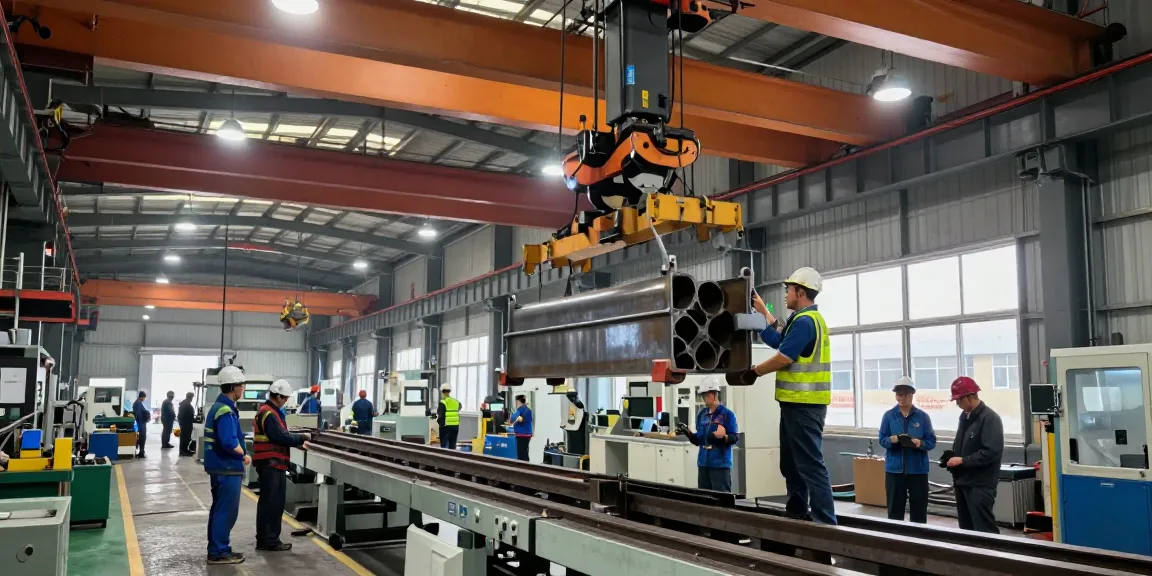 Bridge crane manufacturer showcasing a technician operating a bridge crane in a busy industrial setting.