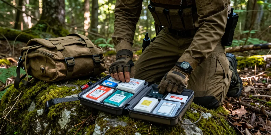 Compact IFAK kit opened in rugged outdoor setting, demonstrating instant access to trauma supplies.