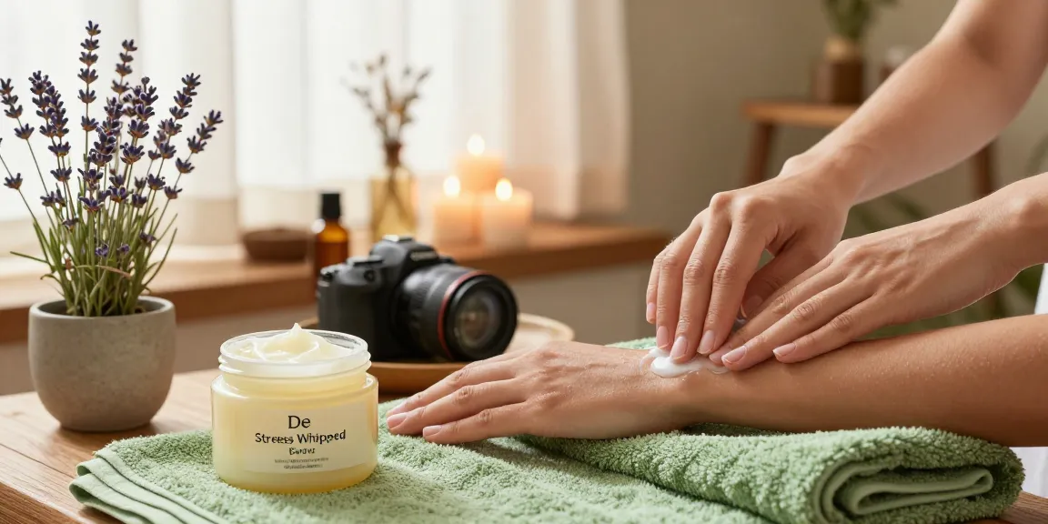 Applying De stress Whipped Body Butter in a serene spa environment.