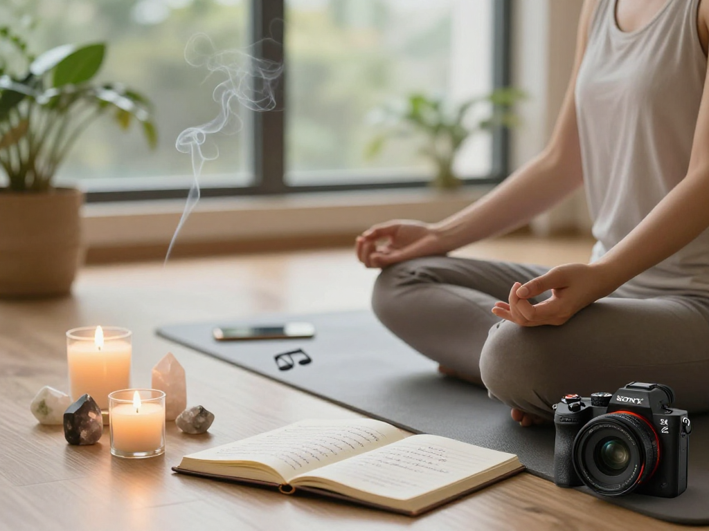 Explore the calming environment for practicing mantra 88 meditation with candles, crystals, and warm lighting.
