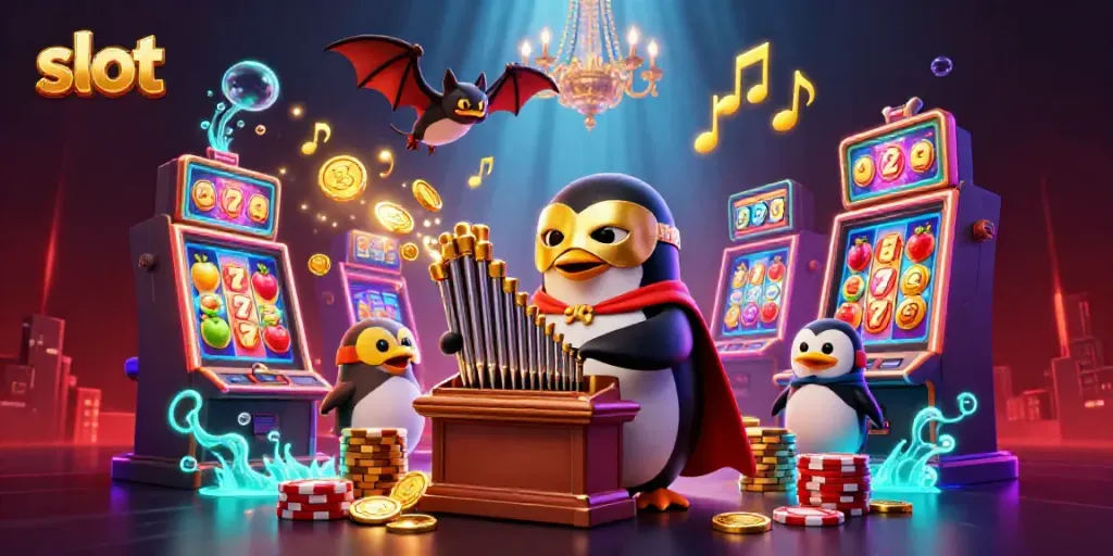 Spin the slot machine as golden coins cascade in a colorful casino scene.