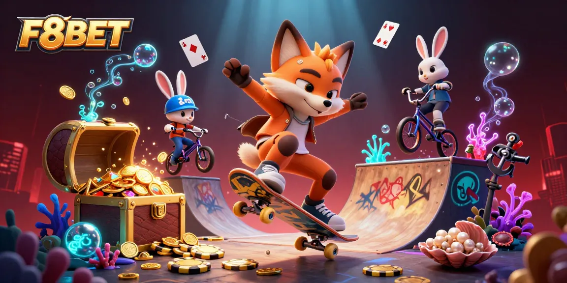 F8BET's dynamic gaming scene shows a skateboarder fox and BMX rabbit in a vibrant casino setting.