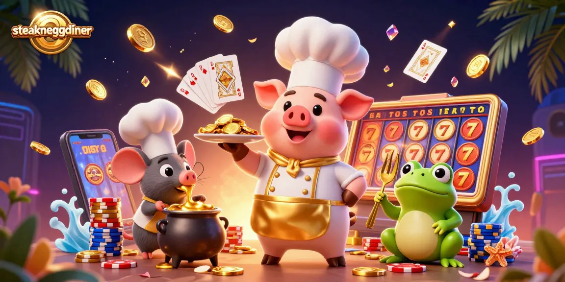Join the fun at steakneggdiner with a chef pig serving gold coins amidst dynamic casino action.