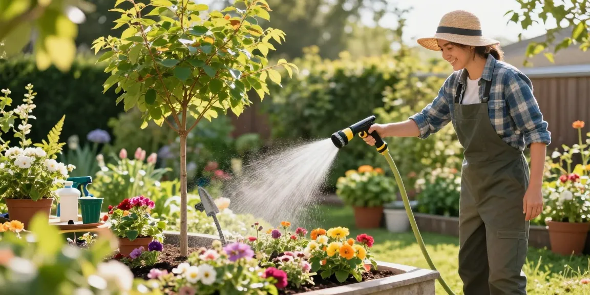 Gardener using the best hose nozzle to water vibrant garden plants, showcasing effective watering.