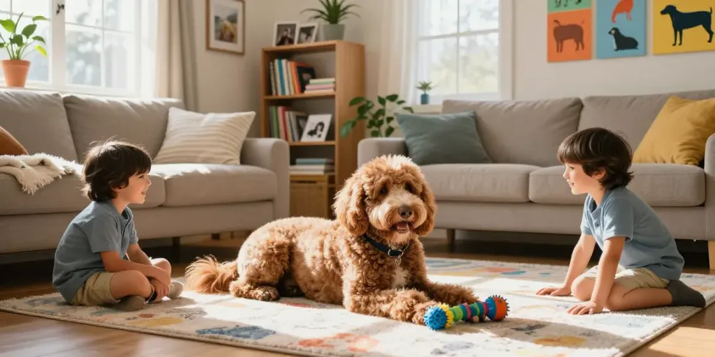Happy children playing with a Springerdoodle as a family dog in a cozy living room setup.