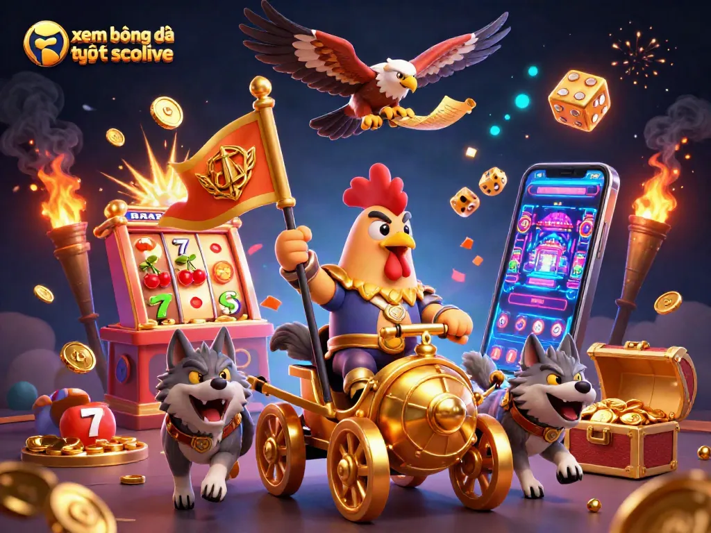 Experience xem bóng đá trực tuyến socolive with dynamic characters and casino elements in an engaging illustration.