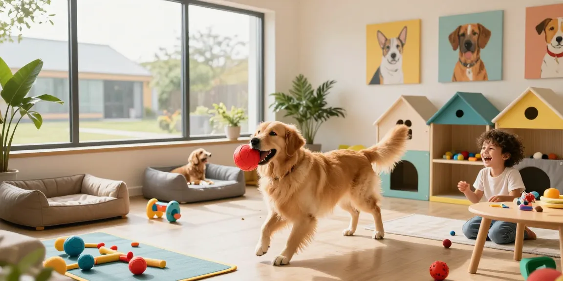 Golden retriever playing with child in a lively pet playhouse, showcasing NAGA2000 pet care environment.