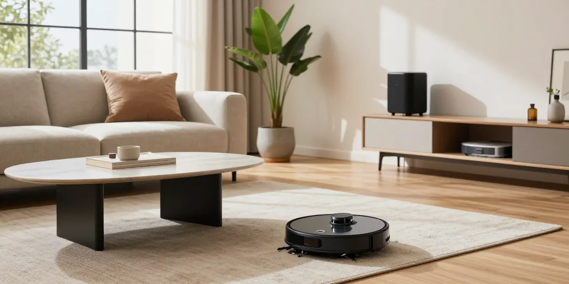 Robot vacuum 2026 cleaning a modern living room with natural light, showcasing convenience and advanced technology.