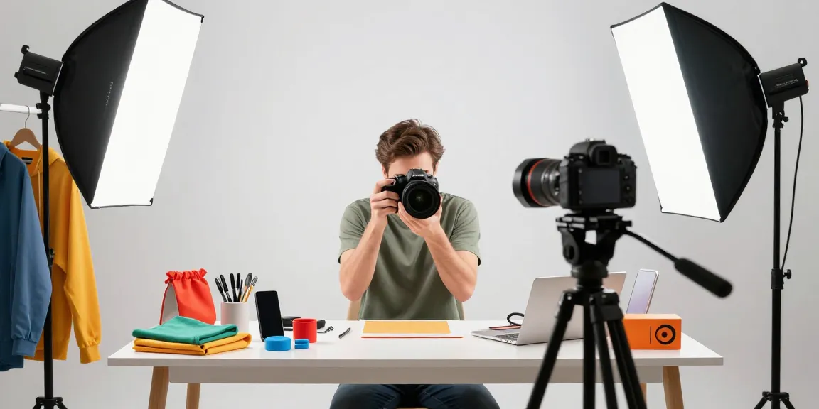 Fotografo ecommerce en studio, capturant des images de produits pour une boutique en ligne.