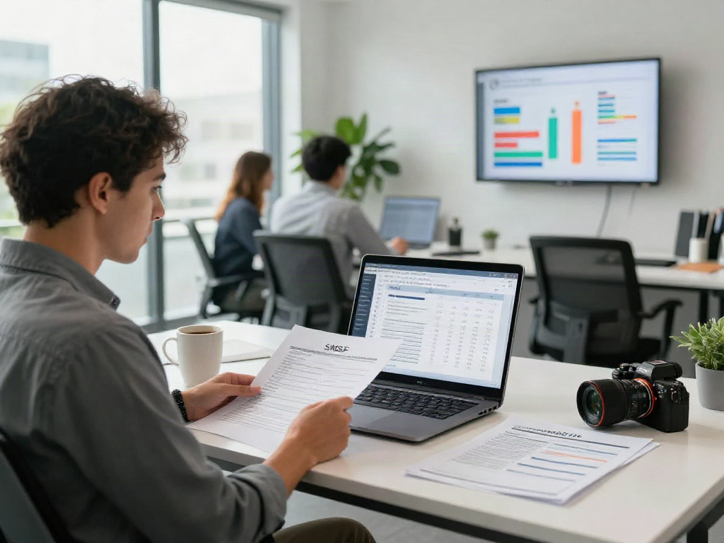 Accountant working on SMSF tax return in a modern office.