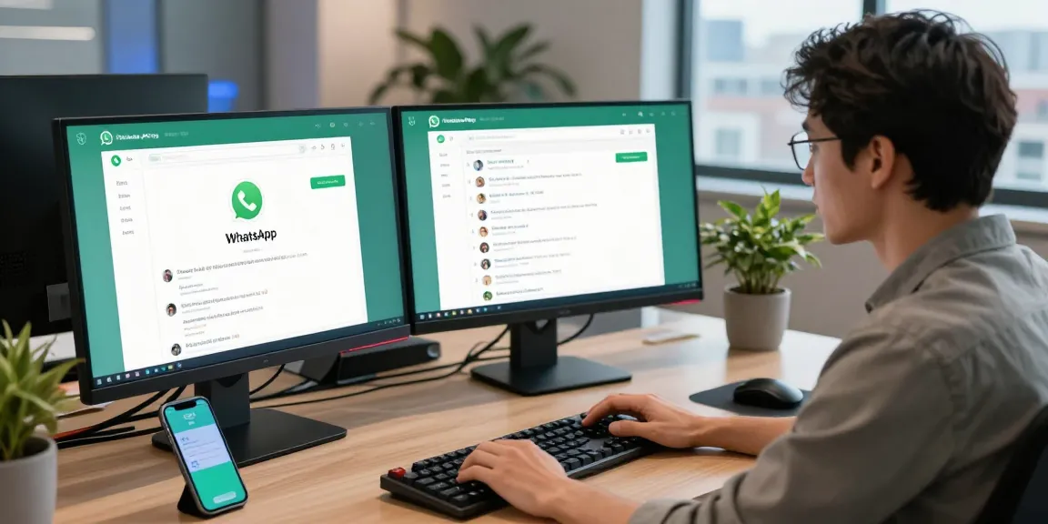 Engaged professional using WhatsApp網頁版 on desktop with modern office setup.