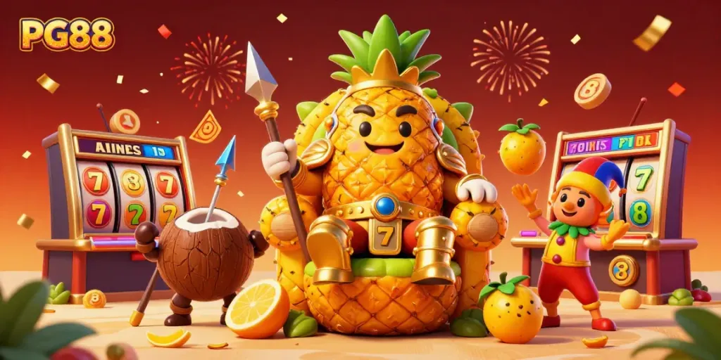 Engage in fun at PG88 with a vibrant beach casino scene featuring a golden pineapple king and dynamic gaming elements.